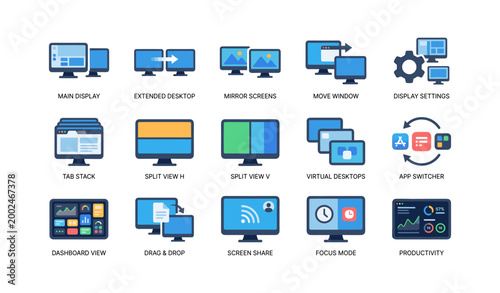 Multiple display and desktop function icons on white background