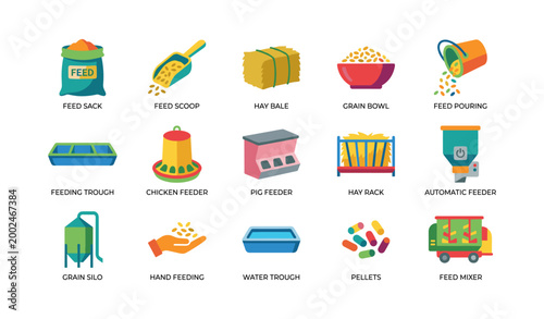Animal feed items arranged in grid on white background