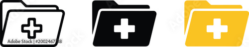 Set of medical folder icons with cross symbol representing digital health records patient data storage and clinical information management for healthcare systems.
