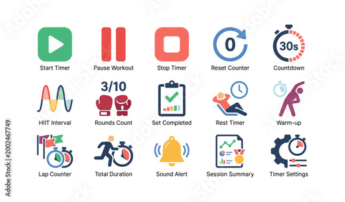 Timer and workout icons arranged in grid on white background