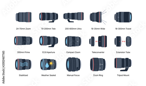 Assorted telephoto and zoom optics icons on white background