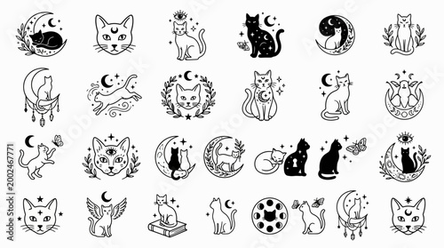 Mystical celestial cat collection with moons and stars elements.