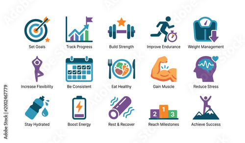 Fitness and wellness icons illustrating health goals and habits