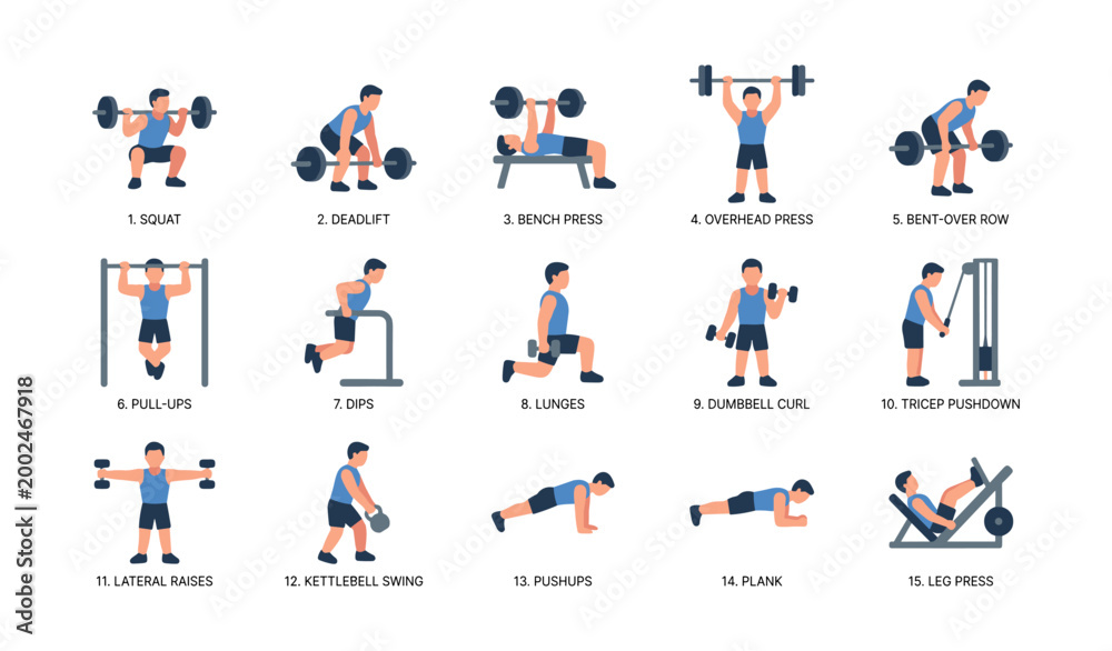 Fototapeta premium Exercise icons showing strength and bodyweight moves grid
