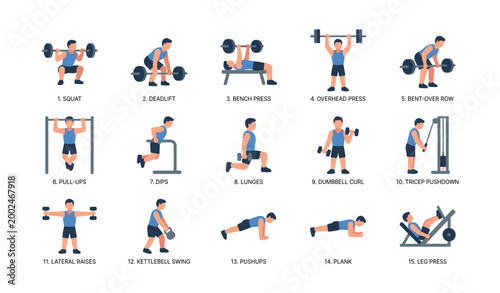 Exercise icons showing strength and bodyweight moves grid