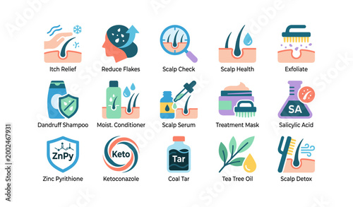 Scalp care product icons illustrating treatments and ingredients