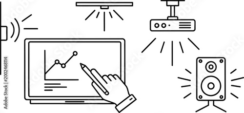 Outline illustration of smart classroom and interactive presentation technology equipment.