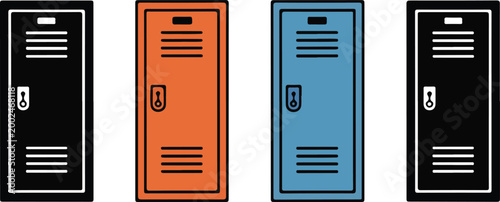 Set of school locker icons in colorful variations representing student storage facility gym changing room organization and academic campus furniture.
