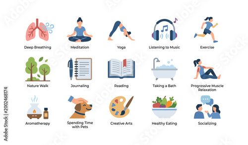 Wellness activity icons arranged in grid on white background