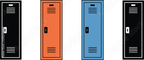 Set of school locker icons in colorful variations representing student storage facility gym changing room organization and academic campus furniture.