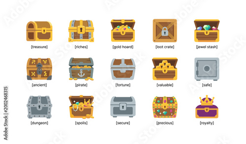 Treasure chest icons arranged in rows on white background