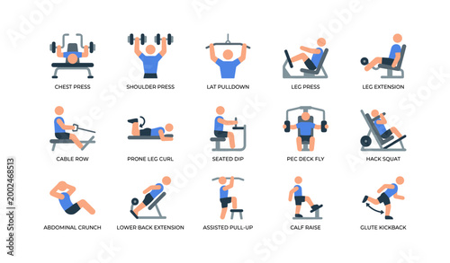 Gym exercise icons showing people using machines and weights