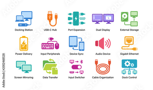 Docking and connectivity icons showing ports on white background