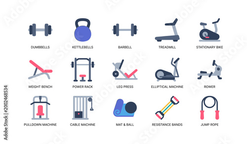 Gym equipment icons showing weights and machines on white background