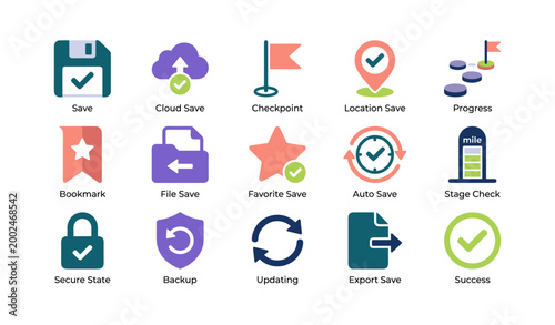 Data save and backup function icons arranged on white background