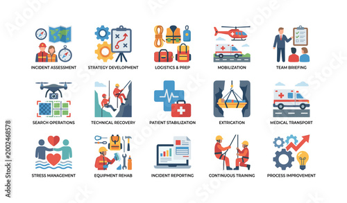Emergency response workflow icons depicting stages on white background