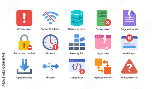 Grid of error and failure icons with labels on white background