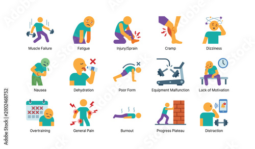 Exercise problem icons illustrating training issues on white