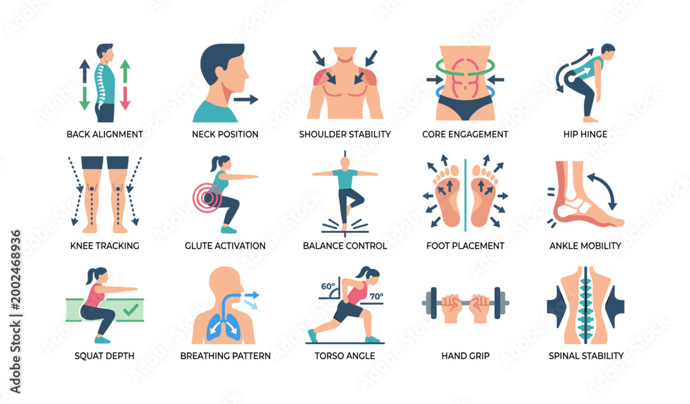 Fototapeta premium Squat technique and posture icons showing key form factors