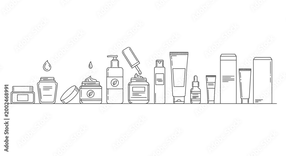 Naklejka premium Minimal line art of skincare and cosmetic product packaging