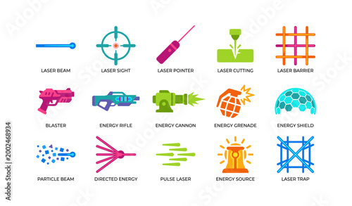 Laser and energy weapon icons arranged in grid on white background