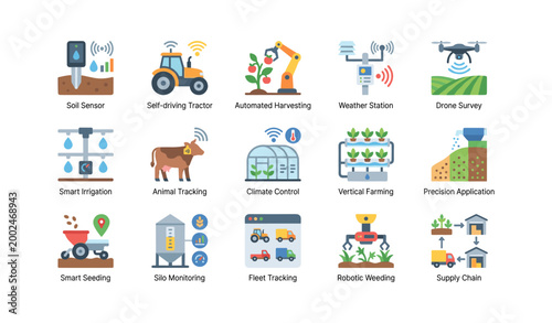 Smart agriculture tech icons arranged in grid on white background