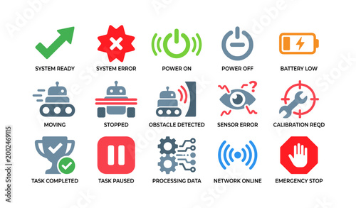 Robot system status icons illustrating alerts and operational states