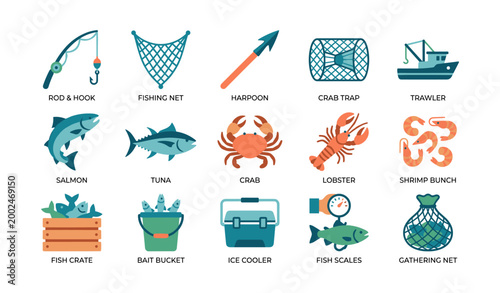 Fishing icons showing gear and seafood species on white background