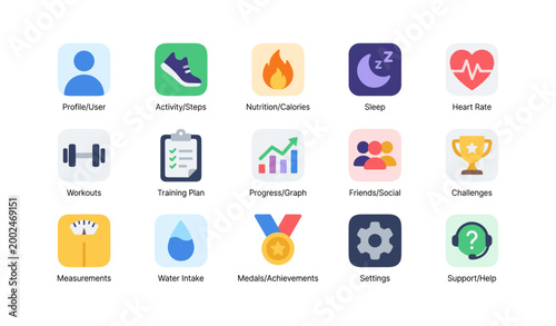 Fitness app icons representing health and tracking features on white