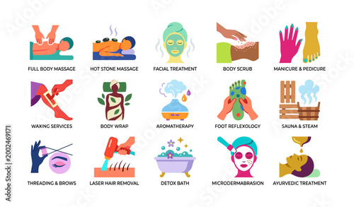 Spa wellness icons showing treatments on white background