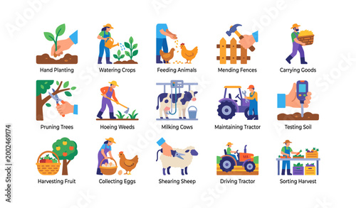 Agricultural task icons showing farm work in a grid layout