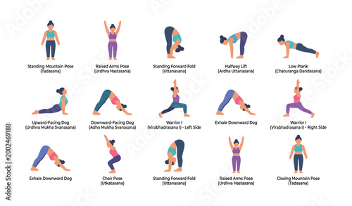 Yoga sequence icons demonstrating standing and floor poses