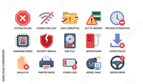 System error icons depicting failure states in a white grid