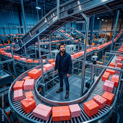 Male Logistics Manager Standing Amidst Automated Conveyor Belts with Gift-Wrapped Packages in a Modern Warehouse Distribution Center