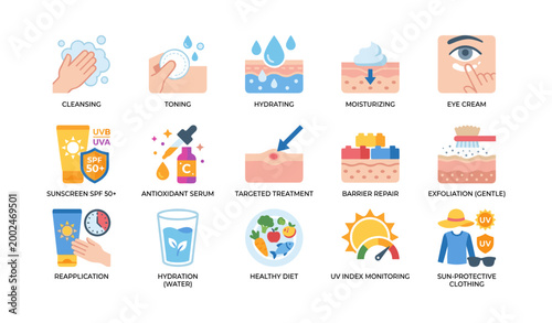 Skincare routine and sun protection icons displayed on white background