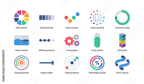 Progress and loading icons arranged in a grid layout