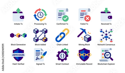 Blockchain icons showing transaction and block states on white