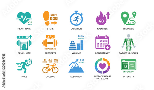 Fitness icons illustrating activity metrics in grid layout