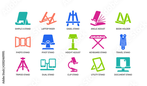 Various device and display stands illustrated in colorful icons