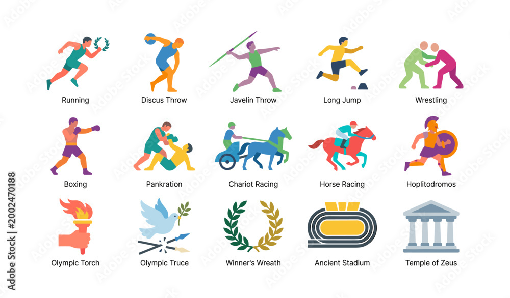 Naklejka premium Collection of olympic icons depicting ancient sports and symbols