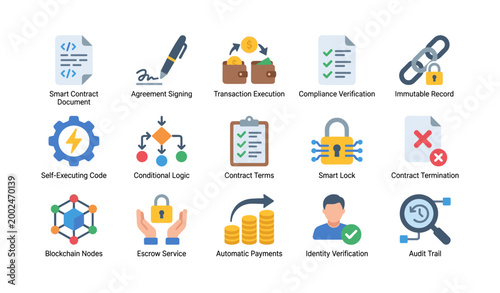 Grid of smart contract icons showing blockchain concepts