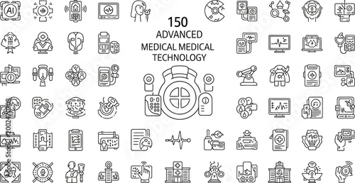 Set of 150 advanced medical technology line icons.