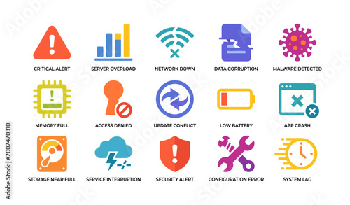 System error and alert icons showing faults on white background