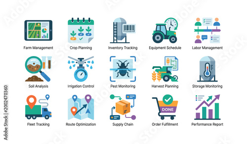 Farm management and logistics icons arranged on white background