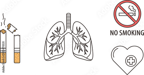 Set of anti-smoking symbols including broken cigarette lungs and heart icons.