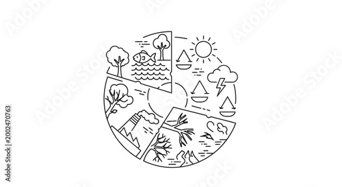 Circular line art illustration of climate change and environmental impact