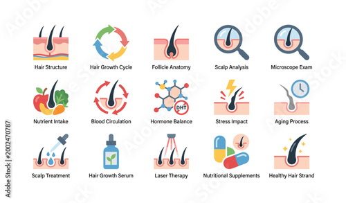 Hair care icons showing scalp and growth concepts on white background