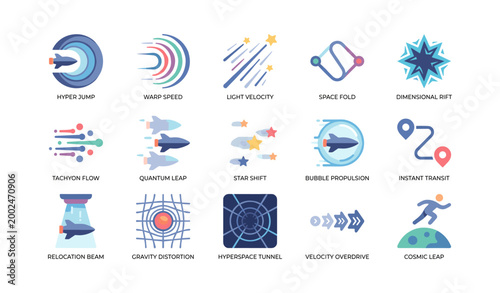 Set of space travel and teleportation icons on white background