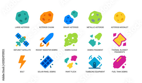 Space debris and asteroid icons arranged in grid layout
