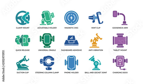 Device mount icons depicting different holders and attachments grid